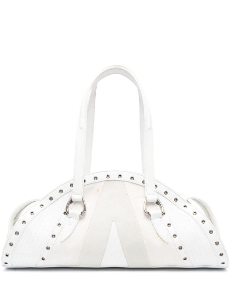 white calf leather panelled design slouch body eyelet detailing silver-tone hardware signature Greca-pattern print internal logo patch main compartment internal zip-fastening pocket top zip fastening two long top handles Please note that this is an AA-grade pre-owned product and, although it is of the highest quality, it may contain imperfections. Purchasing this item continues its narrative and reduces the environmental impact by avoiding the use of new resources needed to make the product from scratch, such as water, materials and electricity, and avoiding additional manufacturing impact. Learn more about what makes a product Conscious on our Conscious Criteria page White Shoulder Bag With Logo Hardware For Everyday Use, White Designer Shoulder Bag With Double Handle, White Shoulder Bag With Logo Hardware For Shopping, White Shoulder Bag With Palladium Hardware For Daily Use, Designer White Shoulder Bag With Double Handle, Chic White Shoulder Bag With Logo Hardware, Classic White Shoulder Bag With Logo Hardware, Designer White Leather Shoulder Bag, Daily Use White Shoulder Bag With Palladium Hardware