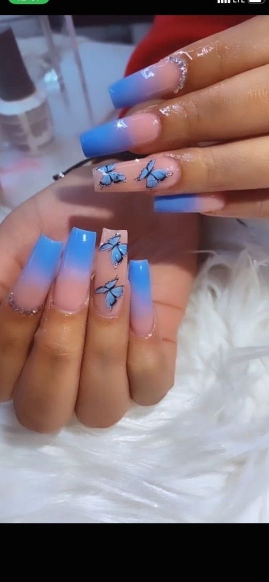 Blue Ombre Nails With Butterflies, Blue Nail Designs Butterfly, Blue Acrylic Nails With Butterflies, Blue And Purple Butterfly Nails, Haiti Nails, Blue Butterfly Nails Acrylics, Baby Blue Nails With Butterflies, Square Nails Butterfly, Butterfly Square Nails