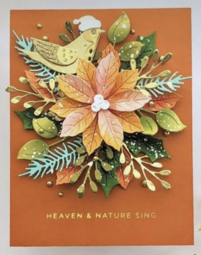 a card with leaves and birds on it, which says heaven & nature sing in gold