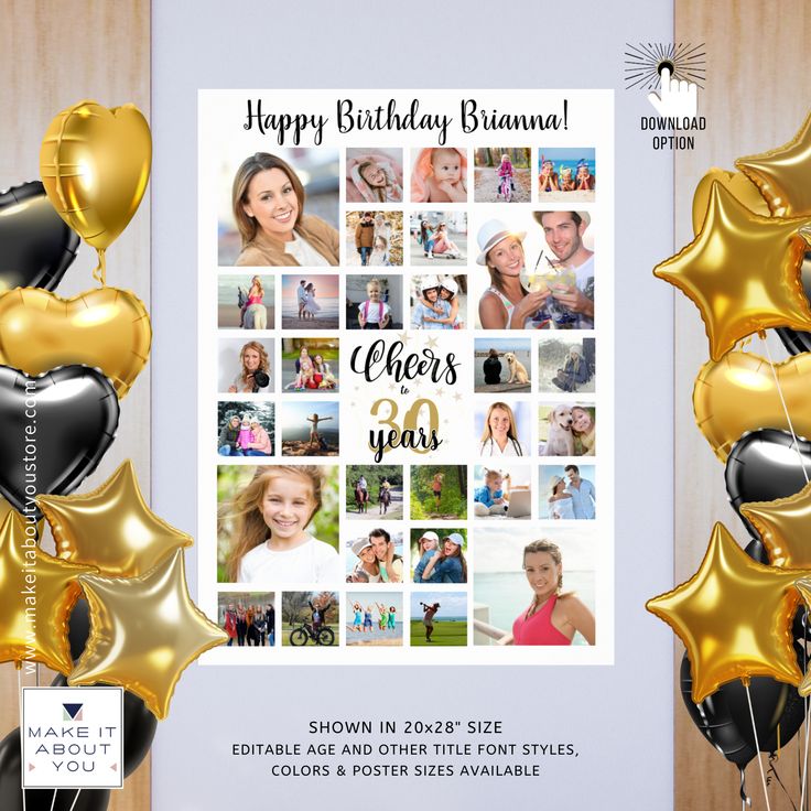 a birthday card with photos and balloons