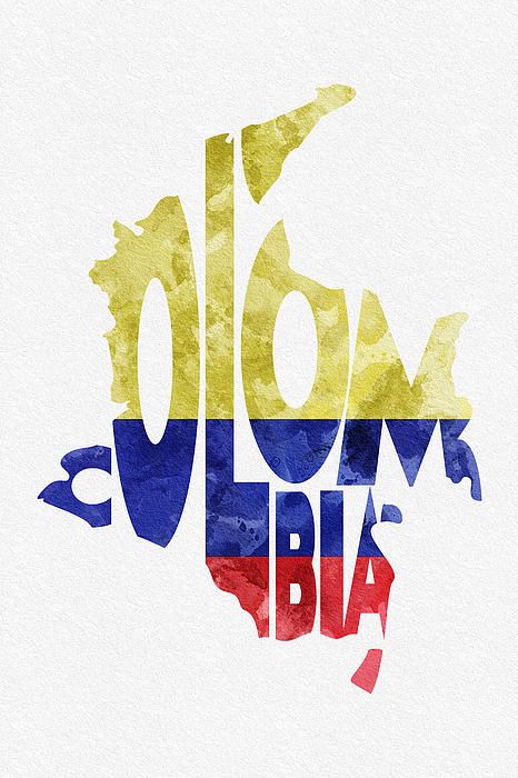 the word colombia painted in watercolor on white paper with blue, yellow and red colors