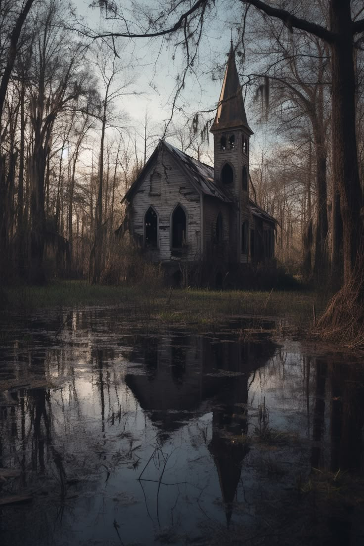 an old abandoned church in the middle of a swampy area with trees and water