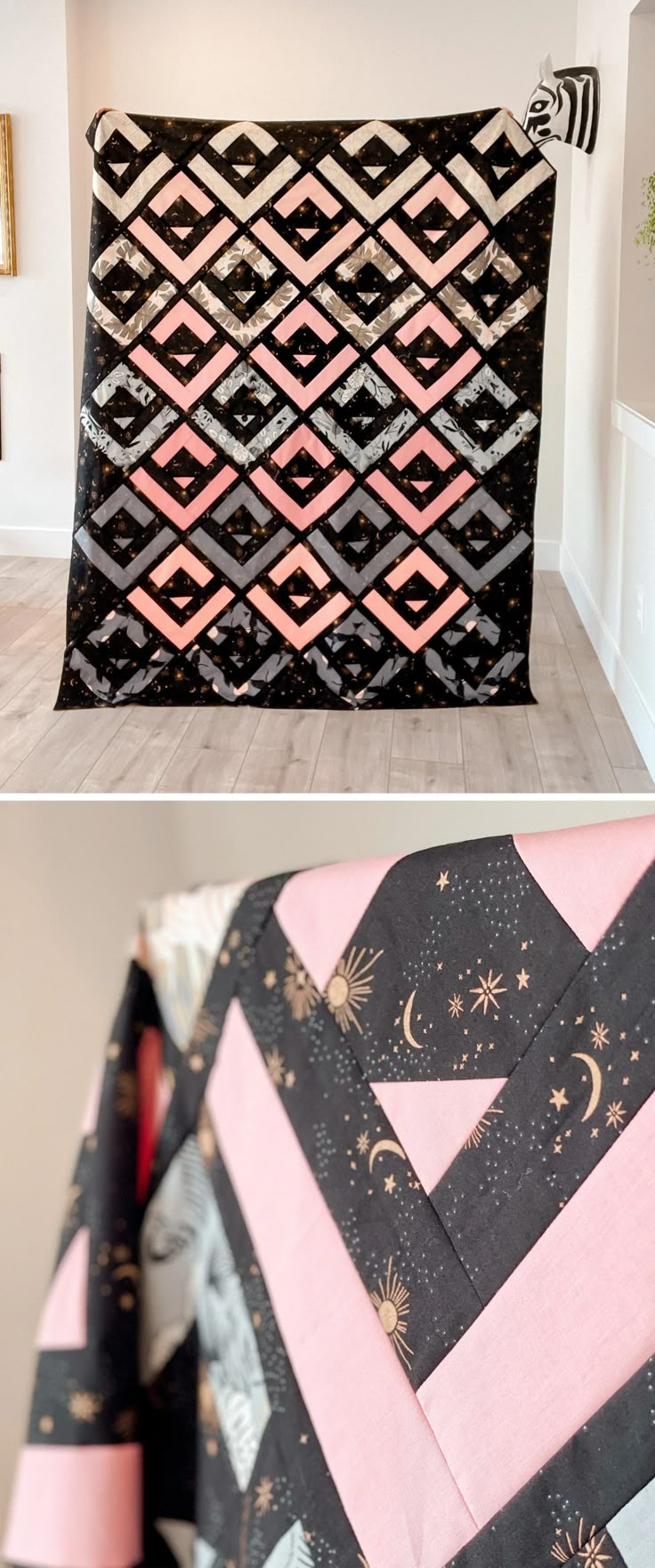 two pictures of the same quilt and one is showing it's different colors, shapes and sizes