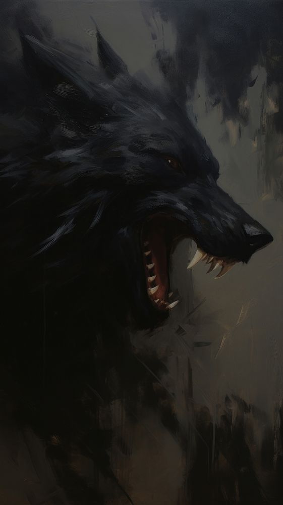 a painting of a black wolf with its mouth open