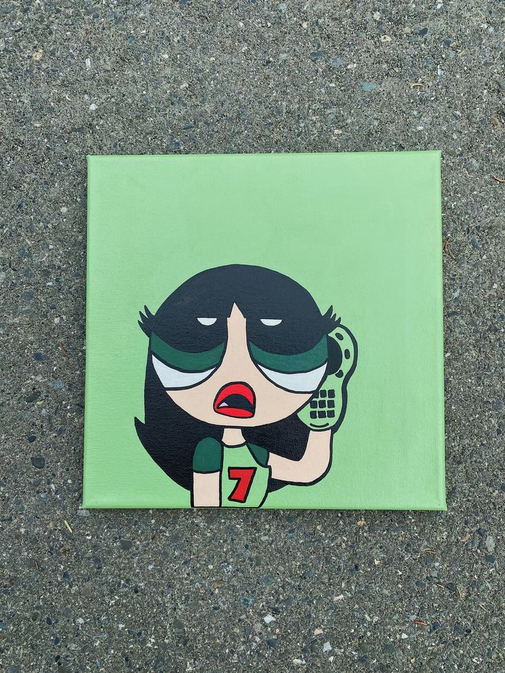 a painting of a woman holding a cell phone in her hand and wearing green eyeshades