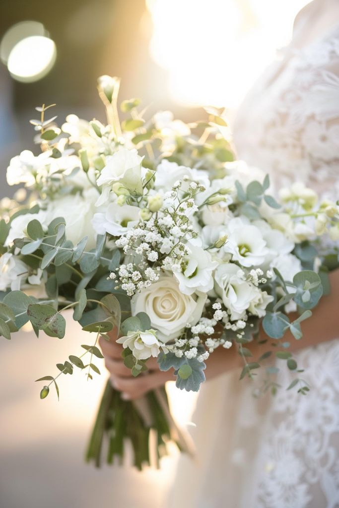 a bride holding a bouquet of white flowers and greenery on her wedding day in the sunlight