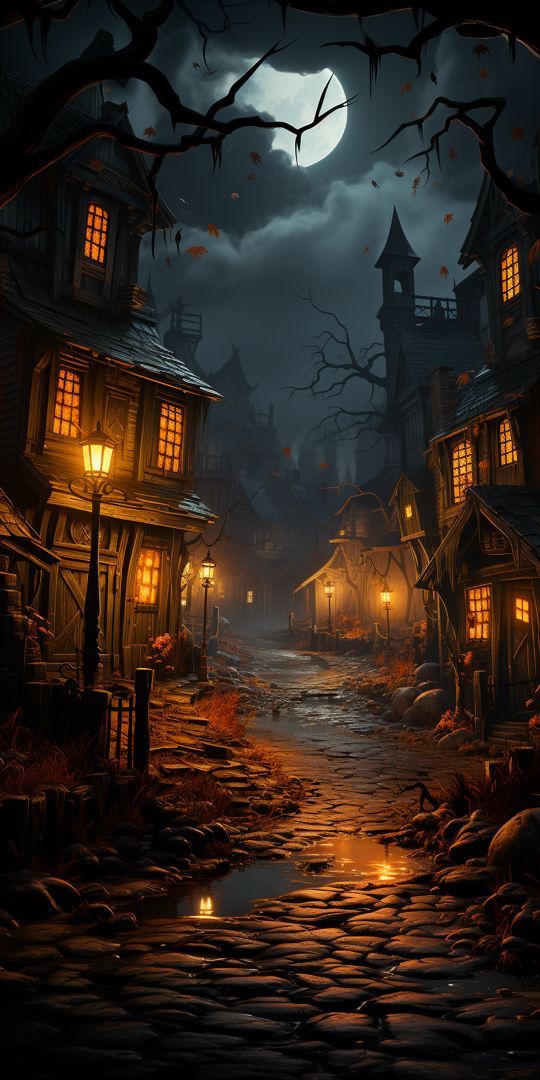 an image of a creepy village at night