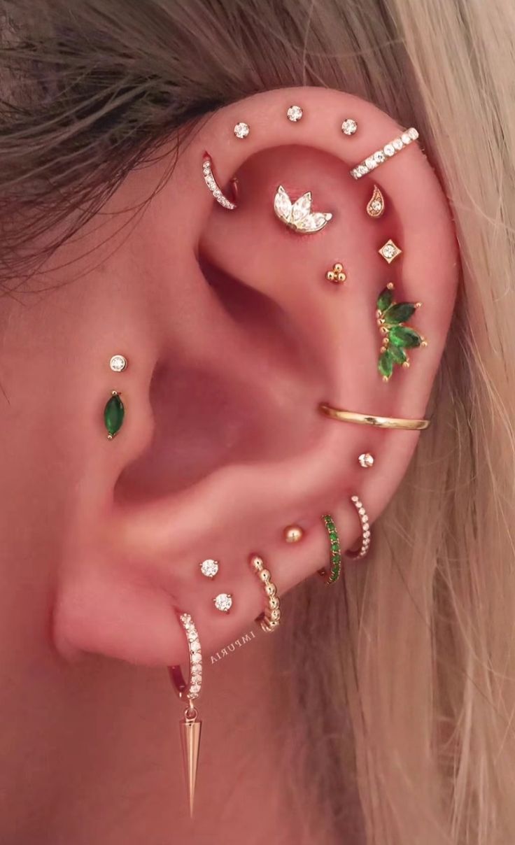 an ear with different types of piercings on it