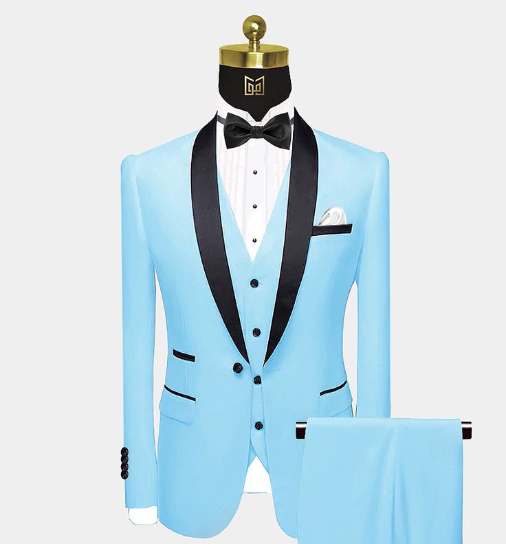 Baby Blue Tuxedo - 3 Piece - (FREE Shipping) | Gentleman's Guru Blue Tuxedo Three-piece Suit For Party, Blue Tuxedo Blazer For Wedding, Formal Blue Tuxedo With Pressed Crease, Tailored Blue Tuxedo For Formal Occasions, Blue Tuxedo Blazer, Blue Tuxedo Set For Groom, Blue Tuxedo With Notch Lapel, Blue Fitted Tuxedo For Formal Occasions, Formal Fitted Blue Tuxedo