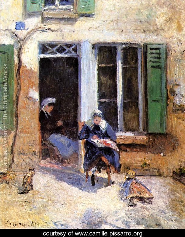 two people sitting outside an open window with green shutters