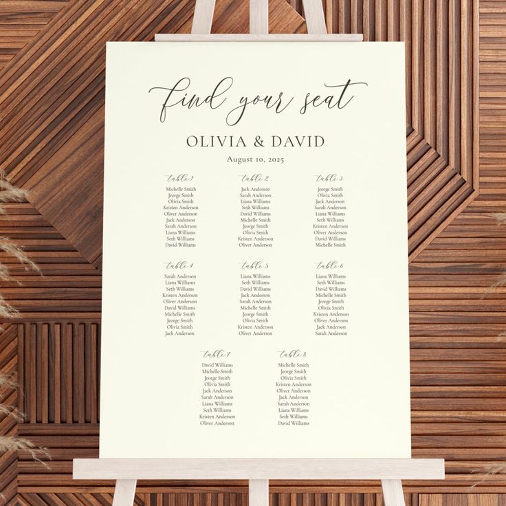 the seating sign for an outdoor wedding