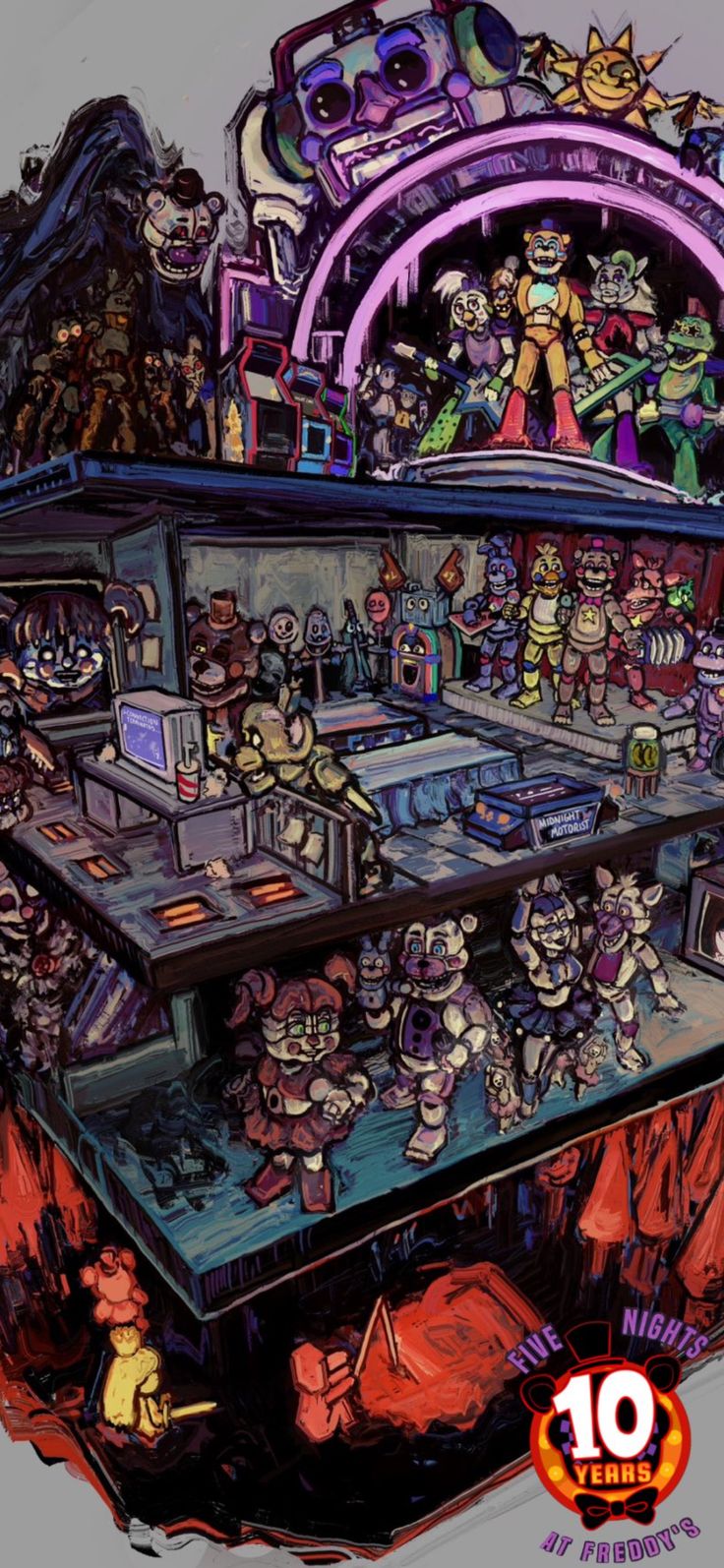 an image of a bunch of cartoon characters in a room with many other things on the wall