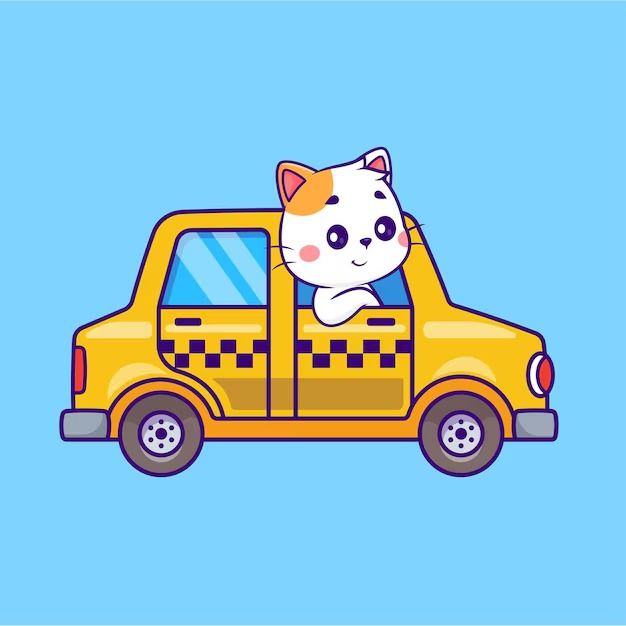 a cat is sitting in the cab of a yellow taxi car on a blue background