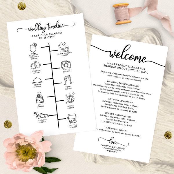 the wedding welcome card is next to a pink flower