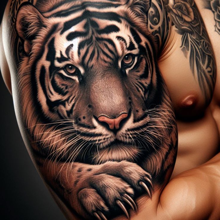 a man with a tiger tattoo on his arm and chest is posing for the camera