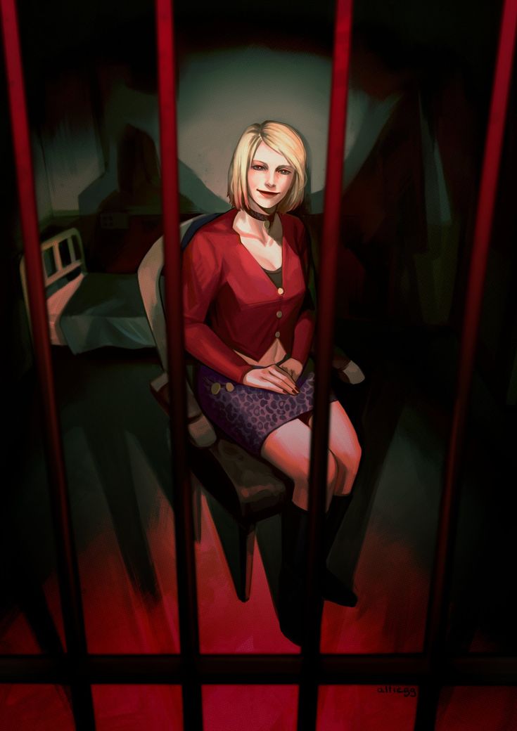 a painting of a woman sitting in a jail cell with her hands on her hips