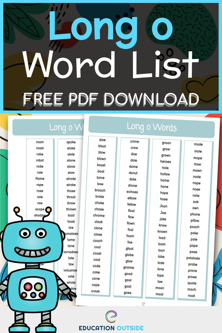 the long o word list is shown with an image of a blue robot