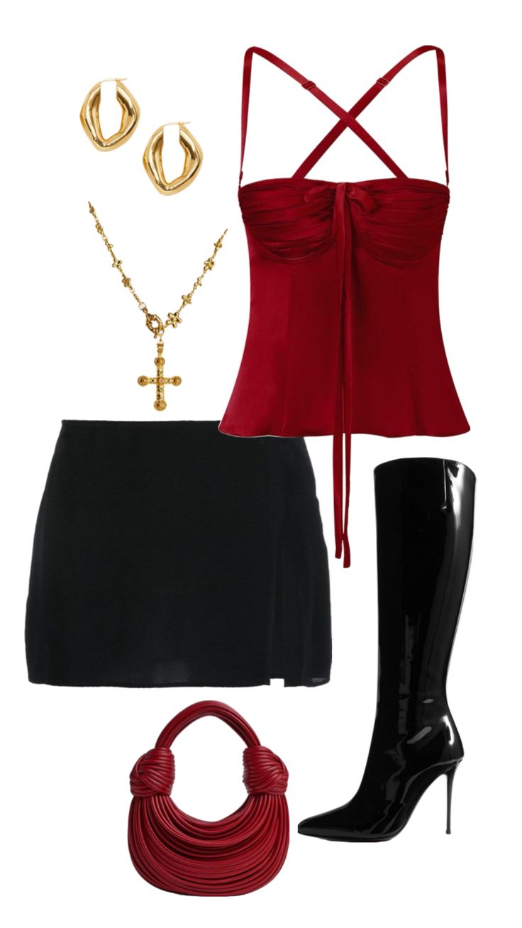 a red top, black skirt and high heel boots