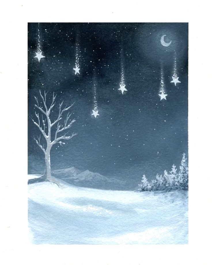 a painting of a tree in the snow with stars hanging from it's branches