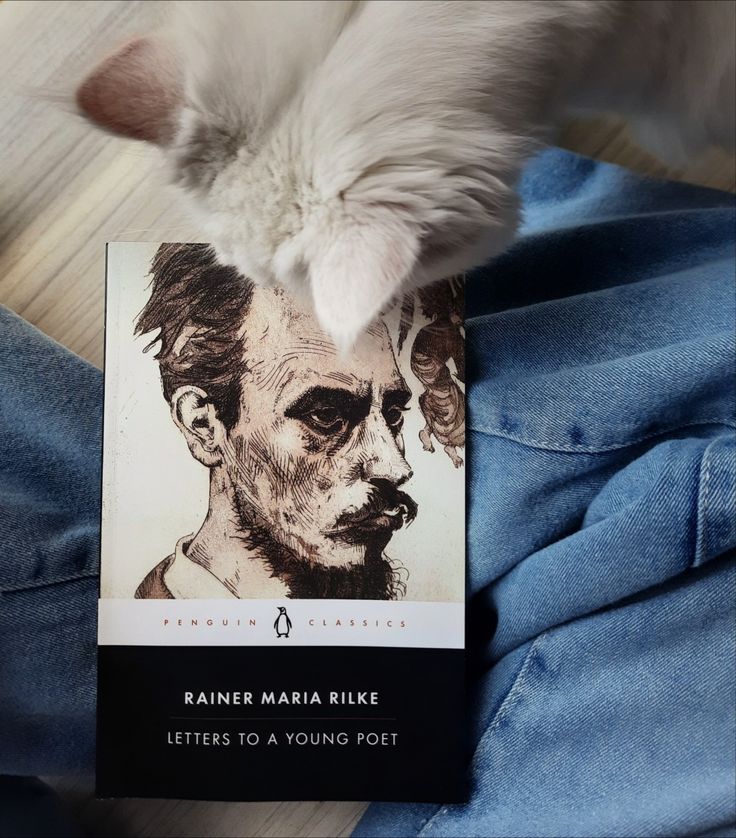 a white cat laying on top of a blue blanket next to a book cover with an image of a man's face