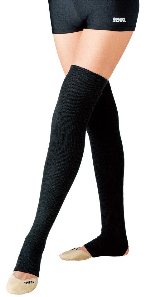 Stirrup type adult over-leg warmer.Color: BlackMaterial: Acrylic 70%, Nylon 18%, Wool 7%, Polyurethane 5% Stretch Black Hosiery For Sports, Black Stretch Hosiery For Sports, Black Knee-high Winter Socks, Black Fitted Footless Knee-high Socks, Casual Full-length Fitted Hosiery, Casual Full Length Fitted Hosiery, Winter Stretch Footless Hosiery, Full Length Hosiery For Fall, Black Nylon Knee-high Socks