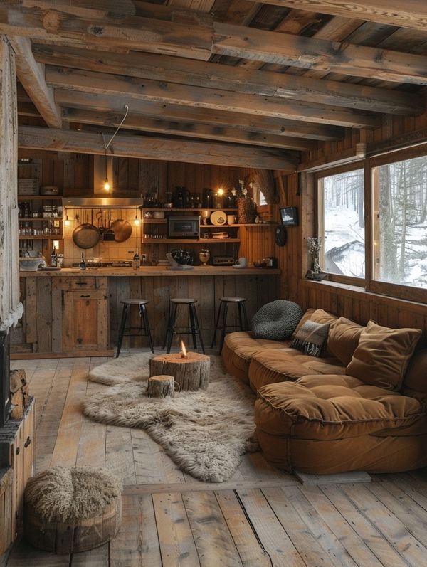 a living room filled with furniture and a fire place in the middle of a wooden floor