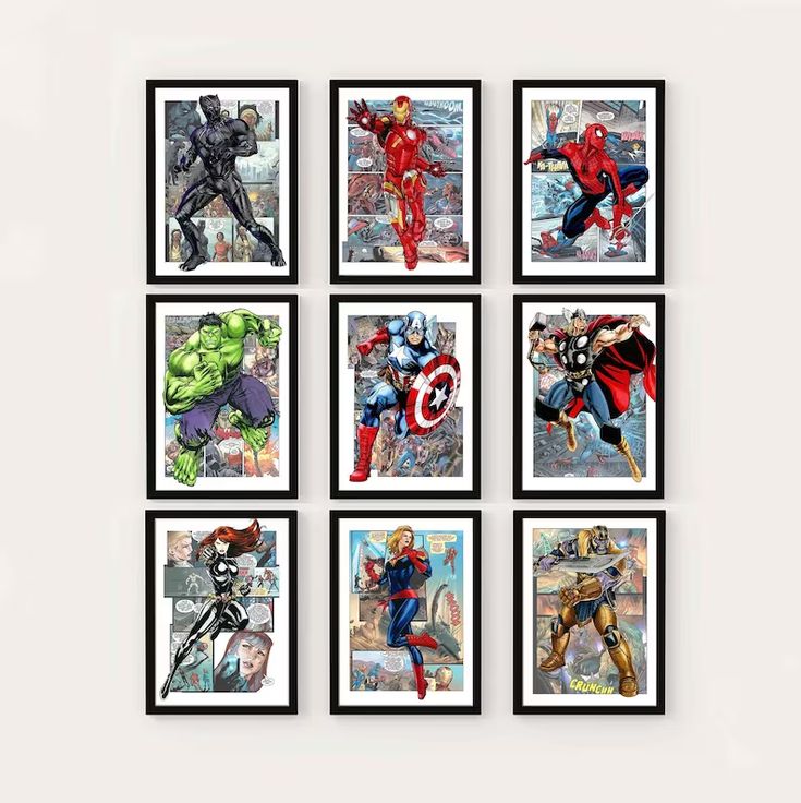 six framed pictures of superheros are hanging on the wall