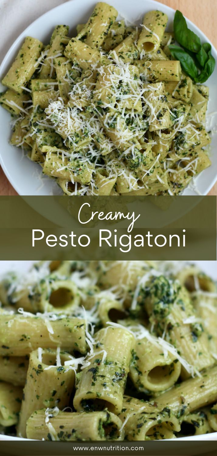 creamy pesto rigani pasta with spinach and parmesan cheese on top