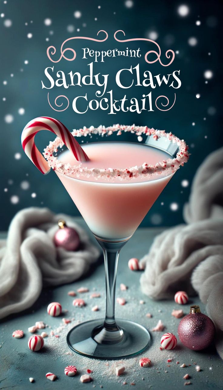 a pink cocktail with candy cane in it