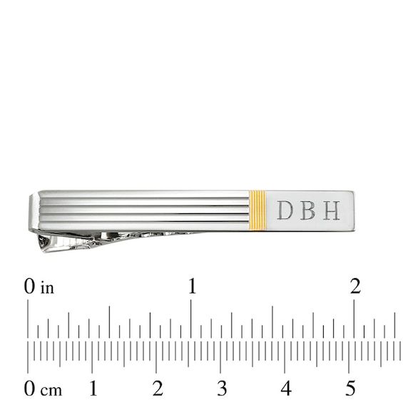 Bringing a handsome accent to both his business and formal wear, this Personalized tie bar adds to his signature style. Crafted in sterling silver, this slender design features grooved and 24K gold-plated detailing. Personalize the bar with the three Classic Formal Nameplate Jewelry, Classic Nameplate Jewelry For Formal Occasions, Classic Nameplate Jewelry For Formal Events, Mens Monogram, Personalized Tie, Tie Bar, The Bar, Signature Style, Formal Wear