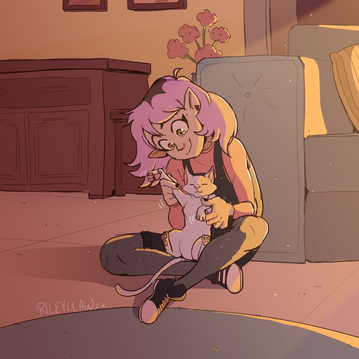 a cartoon character sitting on the floor holding a small cat and looking at something in front of her