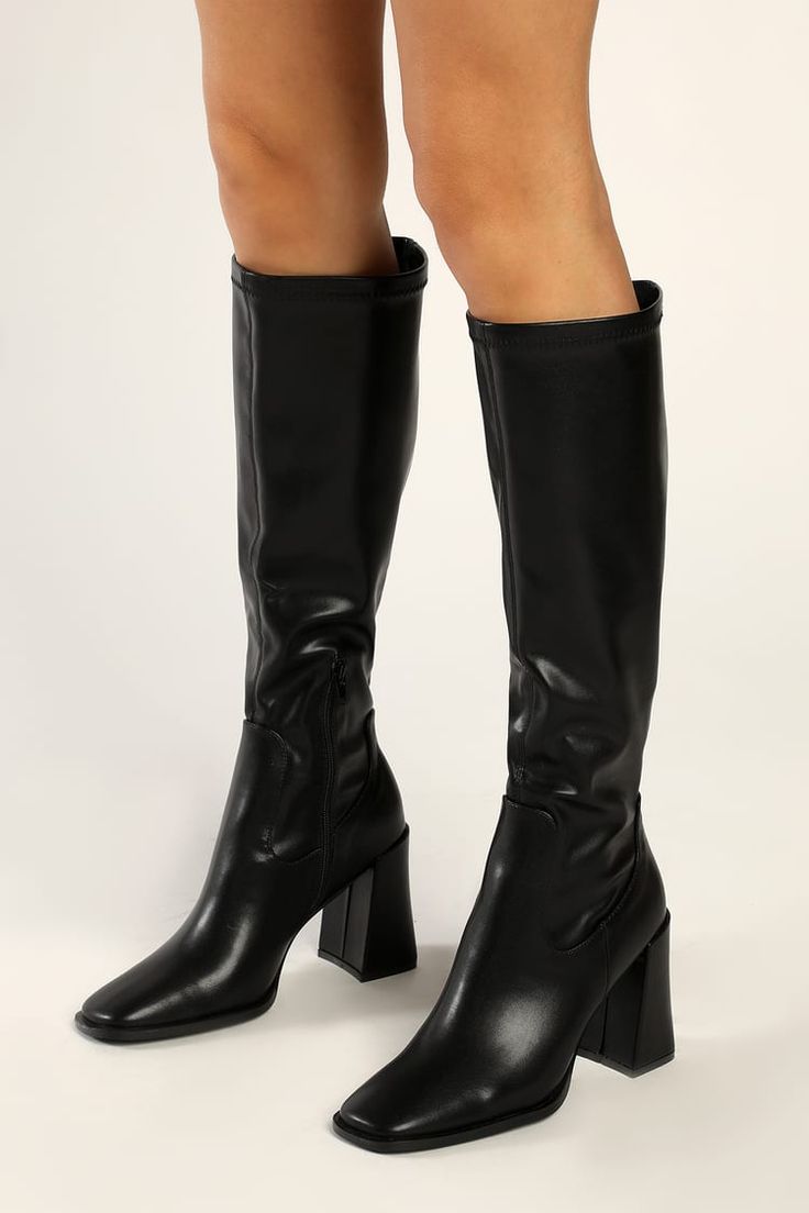 Black Boots - Faux Leather Knee-High Boots - High Heel Boots - Lulus Black Square Toe Knee High Boots, Square Toe Boots Outfit, Square Toe Knee High Boots, Kneehigh Boots, Tall Black Boots, High Leather Boots, Black Knee High Boots, Black Boots Tall, Square Toe Boots