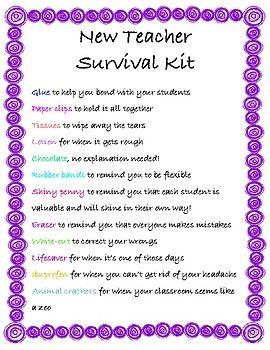 the new teacher survival kit is shown in purple and white with an ornate border around it