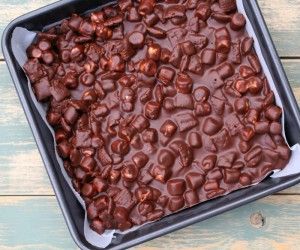 a chocolate cake in a pan on a wooden table