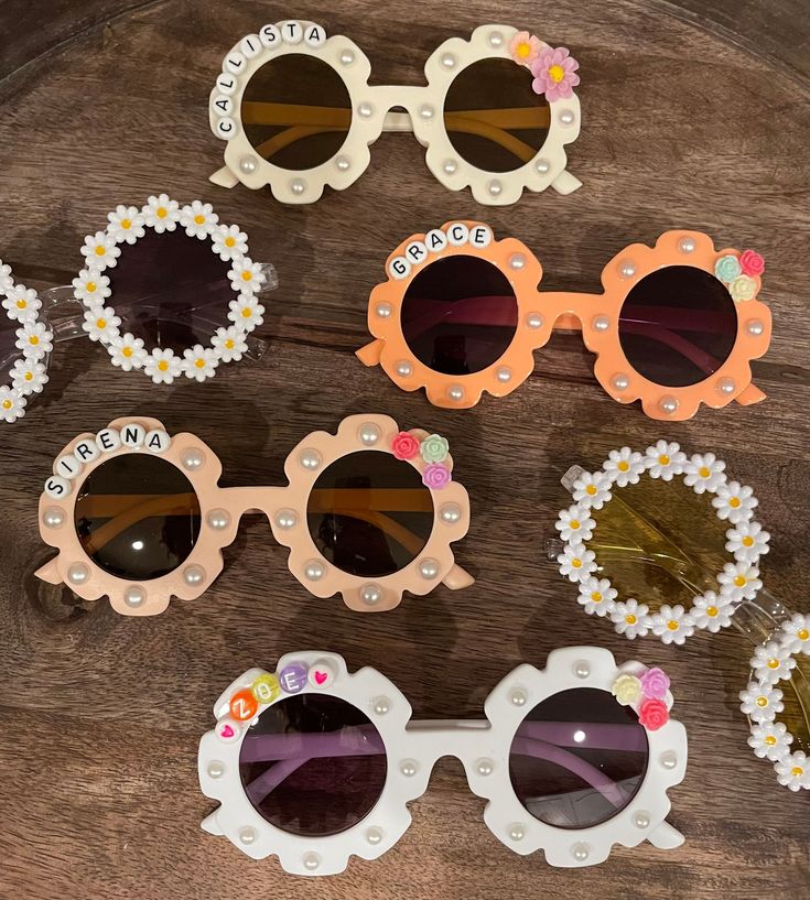 Personalized Flower Sunglasses for Kids. Please add name personalization in message and sunglasses color preference.  Thank you. Sunglasses For Kids, Flower Sunglasses, Kids Sunglasses, Colored Sunglasses, Eyewear Sunglasses, Sunglasses Accessories, Round Sunglasses, For Kids, Thank You