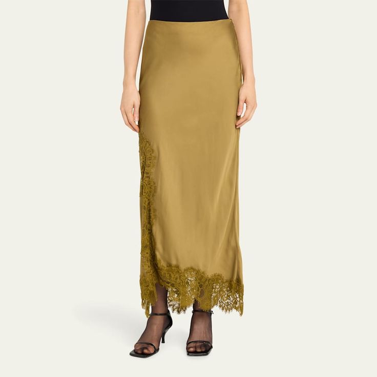 A.L.C. "Olivia" satin midi skirt featuring tonal lace detailing  High rise  Slip silhouette Hem falls below the knee Side zip  Viscose Dry clean Imported Lace Midi Skirt, Satin Midi Skirt, Lace Midi, Bergdorf Goodman, Lace Detail, Side Zip, The Knee, Midi Skirt, Tops Designs