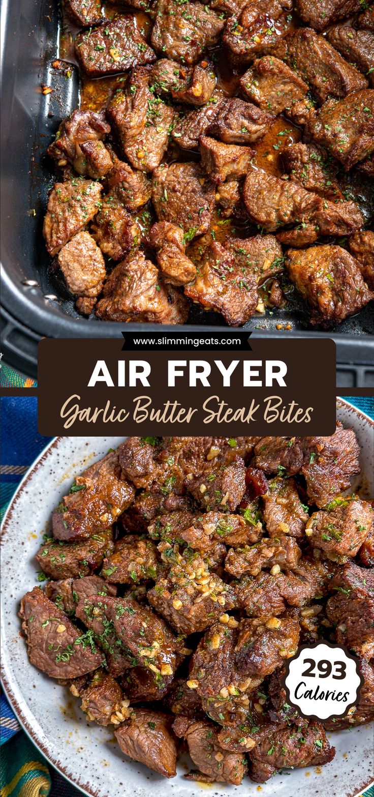 air fryer garlic butter steak bites in a white bowl with the title above it