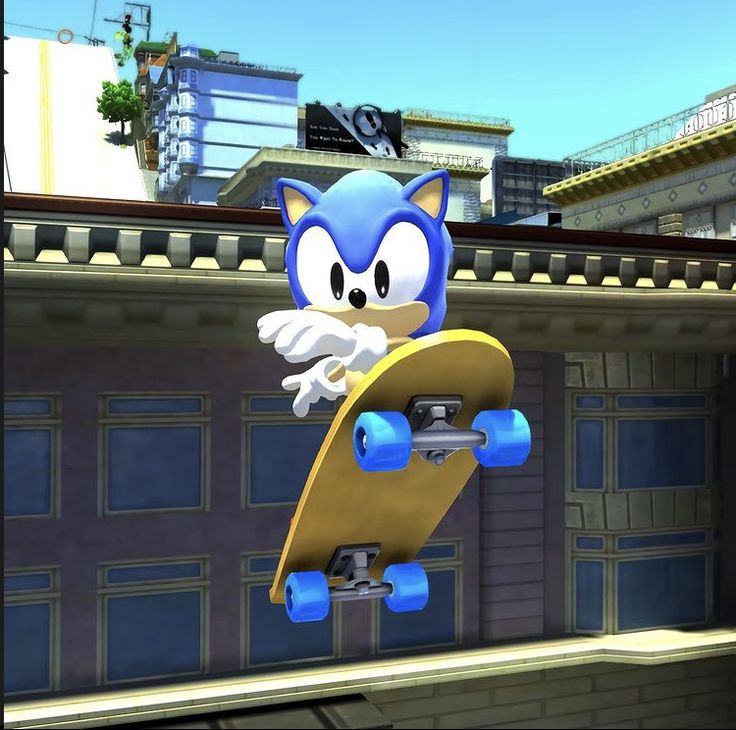 sonic the hedge skateboarder is in mid air over a building with his board