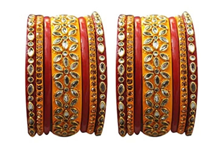 Multi Color Lakh Bangles Set Of 14 Bangles Lac Bangles Color Can Be Customized With Kundan Work Please Support Lac Bangles 14 ( Color Can Be Customized ) Upgrade your existing jewelry collection with this Bangle Set from the house . We present you a Rajasthani designer 14 piece Yellow lac bangle set studded with white & Yellow color stones & embellished with kundans which will enhance your attire and add a magical sparkle to your dazzling persona. Traditional Yellow Bracelets For Wedding, Yellow Bracelets For Wedding And Festivals, Yellow Wedding Bracelets For Festivals, Adjustable Orange Bracelets For Weddings, Orange Jewelry For Wedding And Festivals, Orange Bangle For Festivals, Orange Festival Bangle Jewelry, Red Bracelets For Marriage, Nath Bridal