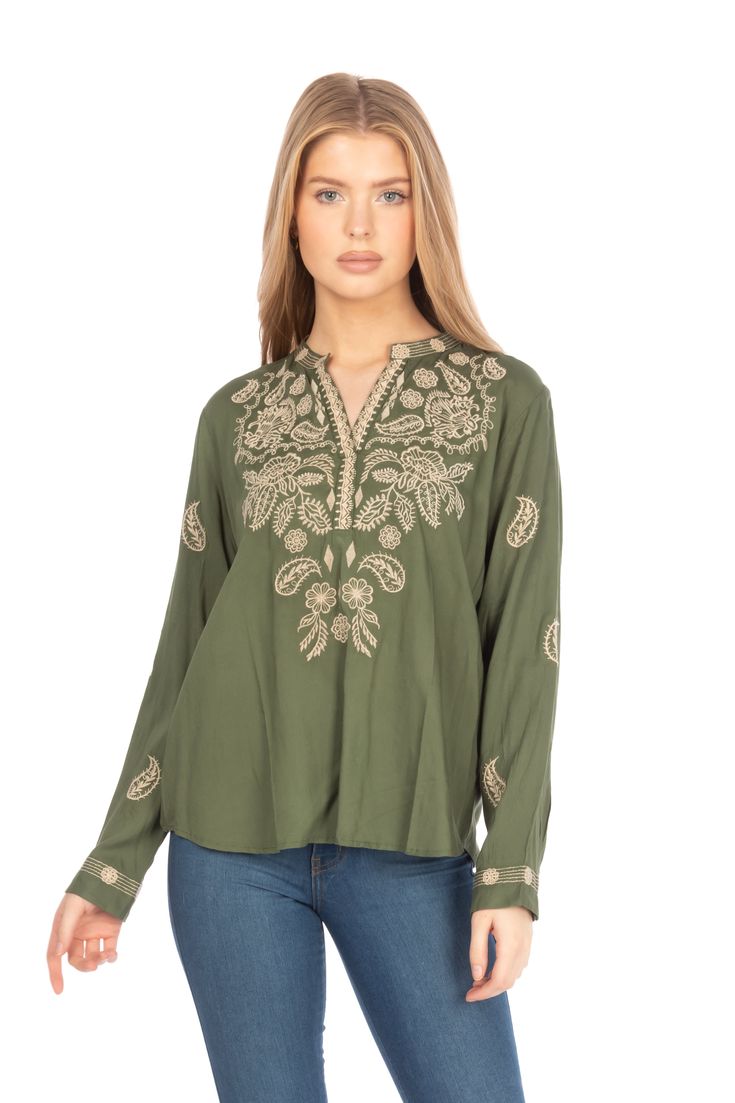 This boho top is made from 100% natural cotton, and features an exquisite floral paisley embroidery. The embroidery is inspired by ethnic Indian paisley motifs.Model is 5’8” - wearing size small. Model Bust: 34”Hand-wash cold, lay flat to dry.Made in India. Bohemian V-neck Top With Resham Embroidery, Cotton Tops With Embroidered Neckline For Fall, Cotton Top With Embroidered Neckline For Fall, Intricate Embroidery V-neck Tops, Spring Tunic Top With Intricate Embroidery, Cotton Top With Intricate Embroidery For Fall, Fall Long Sleeve Tops With Chikankari Embroidery, Long Sleeve Tops With Chikankari Embroidery For Fall, Casual Long Sleeve Tops With Resham Embroidery