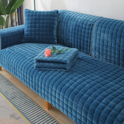 a blue couch sitting on top of a wooden floor next to a potted plant