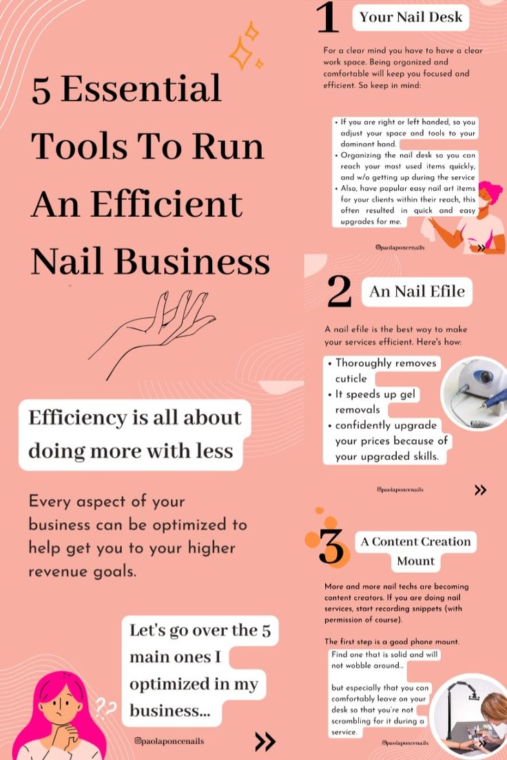 Today we will be talking about what those efficient tools and systems can be in your business so that your business runs like a well-oiled machine getting you to your higher revenue goals with less effort. As we go through the 5 tools, I want you to really hone in on the thought of decluttering your physical space and your mind. Cluttered spaces create cluttered minds, and that creates inefficient decisions that end up costing you real dinero. Click the link to read more about this topic. Nail Salon Checklist, Nail Tech Business Plan, Successful Nail Tech, Small Nail Room Ideas, Nail Studio Ideas Small Spaces, Nail Studio Ideas, Plan 2025, Nail Tech School, Nail Salon Equipment