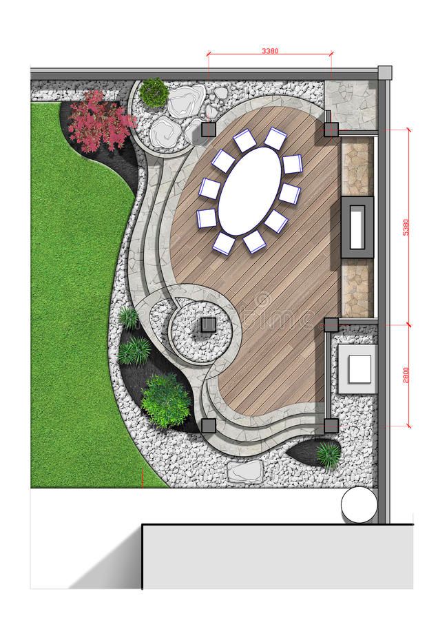 an aerial view of a patio and garden