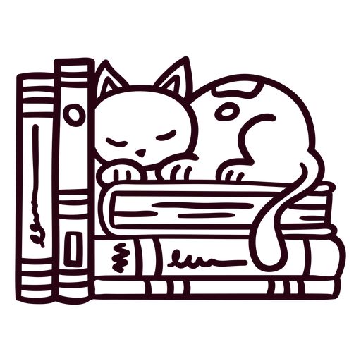 a black and white drawing of a cat sleeping on top of books with pencils