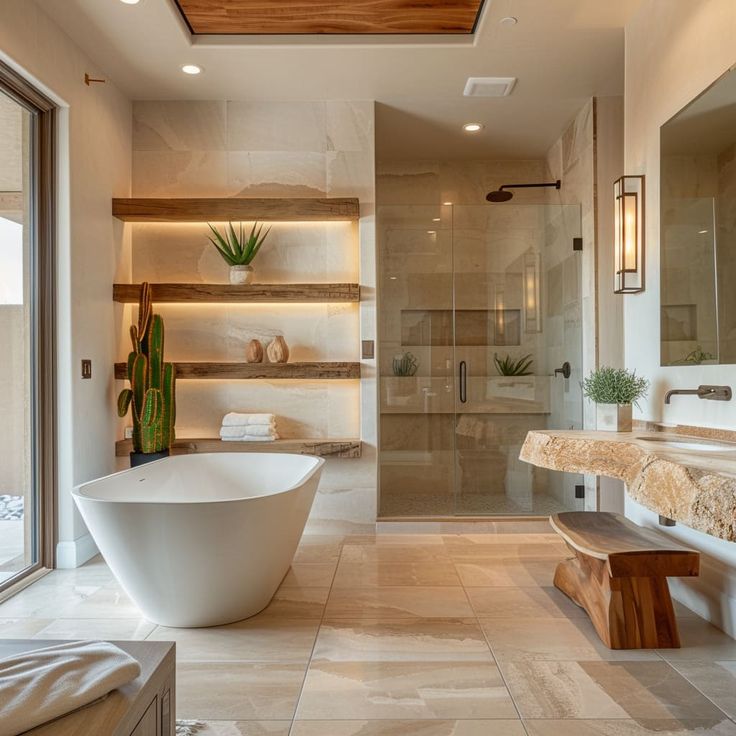 a bathroom with a large bathtub next to a walk in shower and a wooden bench