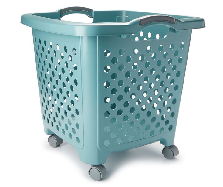 a blue plastic shopping basket on wheels with holes in the front and sides, isolated against a white background