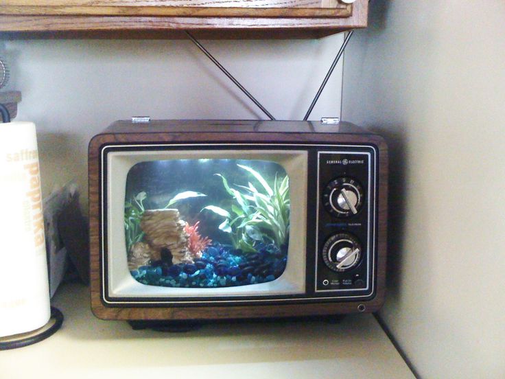 an old fashioned television set sitting on top of a counter next to a fish tank