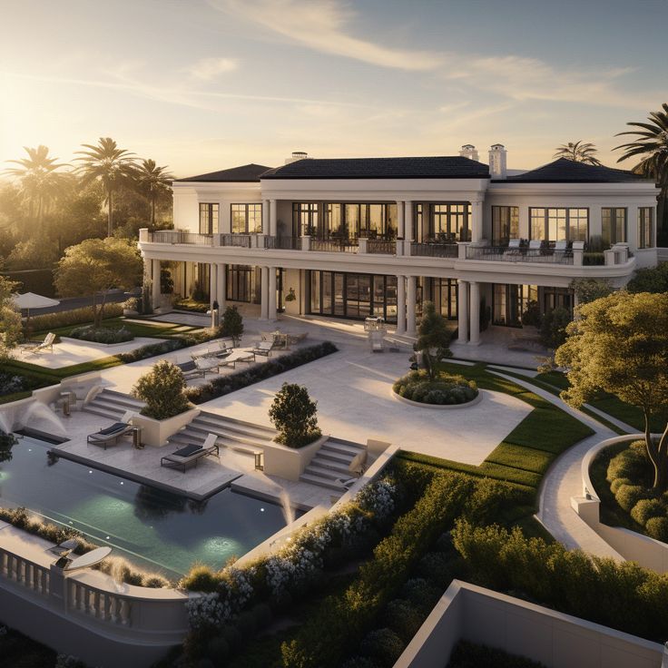 an aerial view of a large mansion with pool in the foreground and palm trees surrounding it