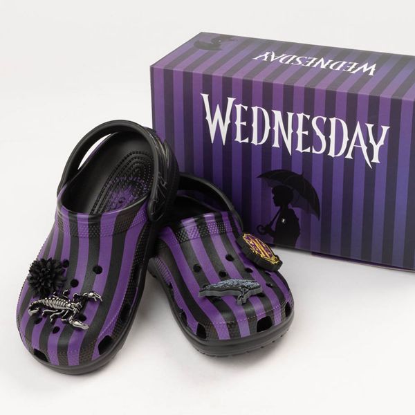 Wednesday x Crocs Classic Nevermore Academy Clog - Black / Multicolor Wednesday Shoes, Cool Crocs, Nevermore Academy, Black Crocs, The Wednesday, Limited Edition Shoes, Women's Crocs, Unisex Shoes, Crocs Shoes