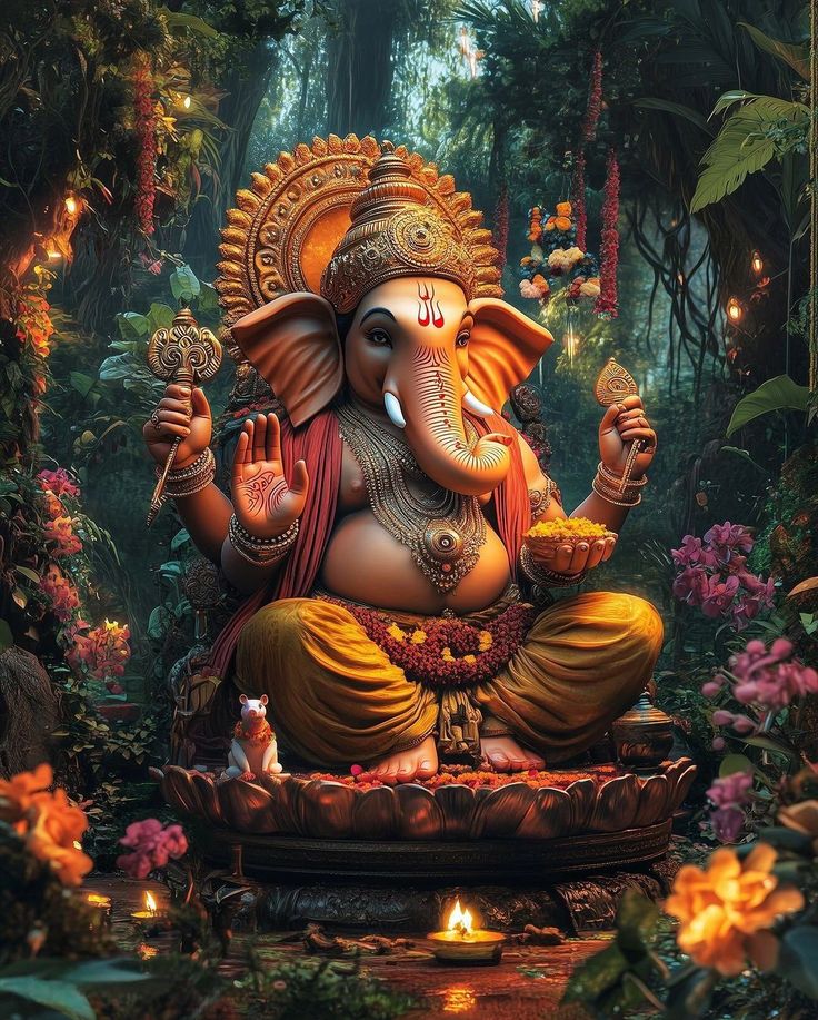 an elephant statue sitting in the middle of a forest with flowers and candles around it